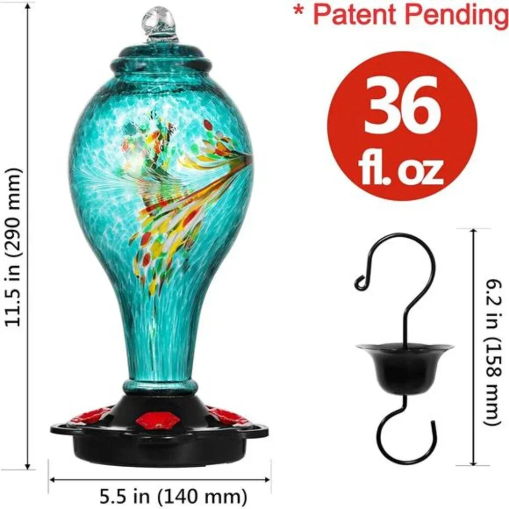 Hummingbird Feeder, Hand Blown Glass Hummingbird Feeder, Never Fade, 36 Ounces